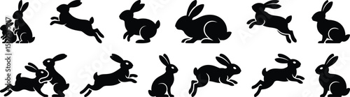 Bunny motion silhouette vector set of running, jumping and sitting poses in wild nature habitats