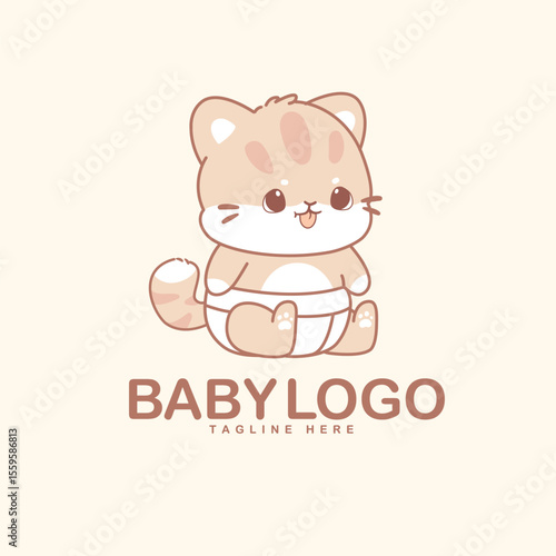 A cartoon kitten sits wearing a diaper above the text BABY LOGO and TAGLINE HERE