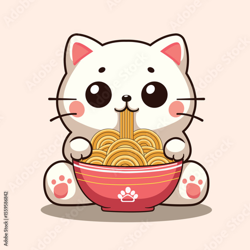 Cartoon white cat eating noodles from a red bowl with paw print decoration