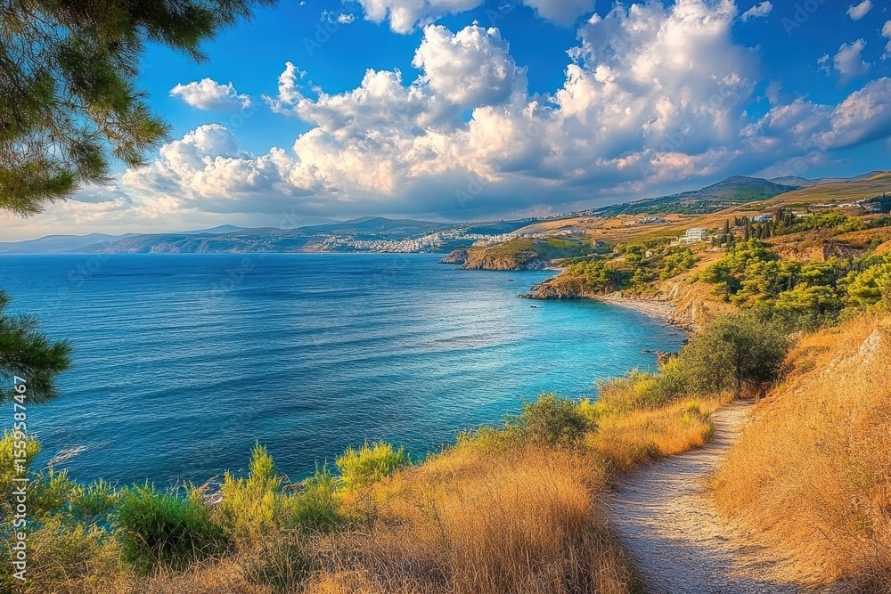 Fototapeta premium Scenic view of the Athens Riviera with clear blue waters and lush hills on a sunny day, Athens Riviera, Greece picturesque sea view off the coast of Porto Rafti