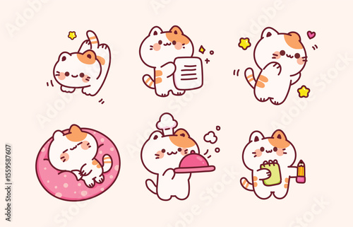 Six cute cartoon cats stretching writing cooking and sleeping
