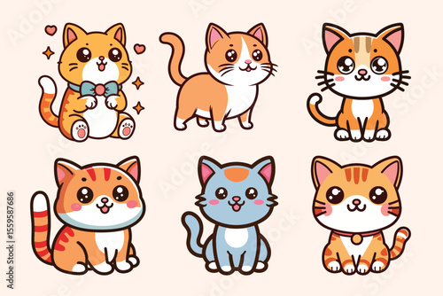 Six cute cartoon cats with big eyes are arranged in two rows on a light beige background