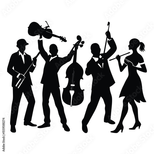 Silhouettes of people playing classical instruments—violin, cello, flute, and piano—blend in harmony, capturing the timeless grace of orchestral music in motion.
