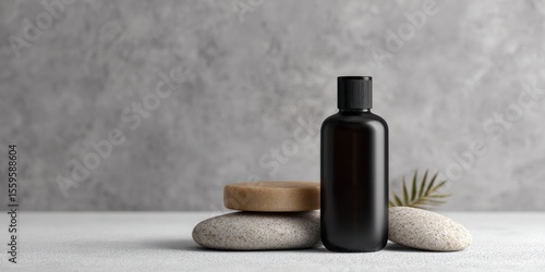 Black bottle mockup on stone, minimalist spa concept for skincare and cosmetics