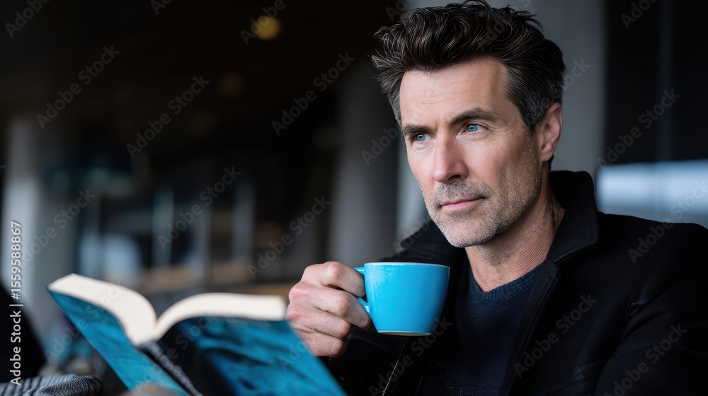 Man reading a book and drinking coffee. Man reading a book and drinking coffee.