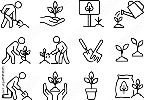 Planting Tree Icon Set Outline Style Gardening Symbol Growing Seedling Sprout Cultivating Nature Vector Illustration