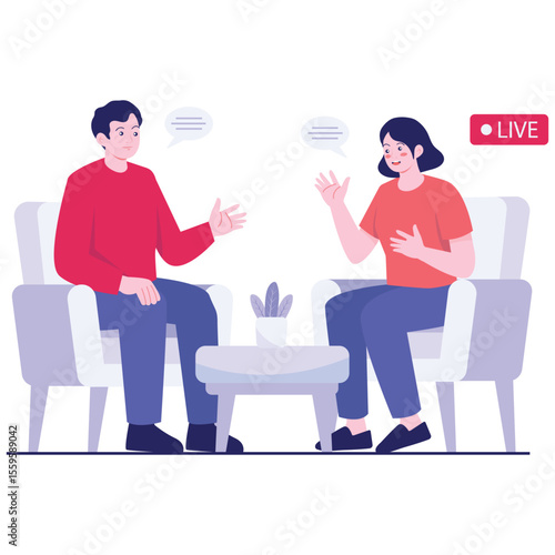 Host Live Illustration. Vector illustration of Two people engage in a live-streamed conversation in a talk show-style setup at home. Isolated on background