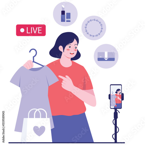 Host Live Illustration. Vector illustration of A woman hosts a live shopping session showcasing clothes, beauty products, and accessories. Isolated on background