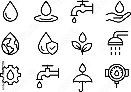 Water Related Line Icons Set Featuring Water Drop, Tap, Shower, Plant, and Gear on Transparent Background