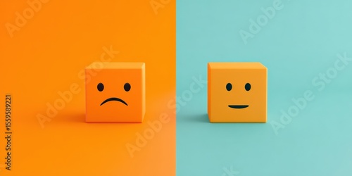 Sad vs happy concept: orange cubes with sad and happy faces on blue background