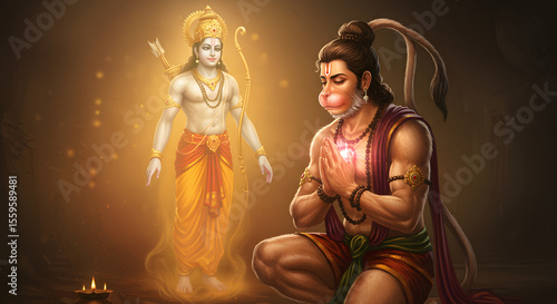 Hanuman, the devoted monkey god, kneels in prayer before a radiant Lord Rama, his divine master, in a glowing, mystical scene.