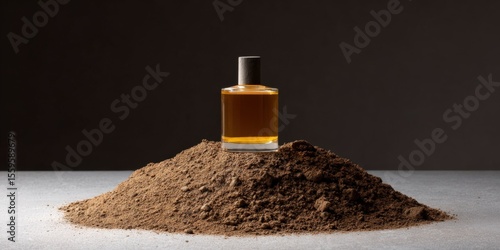 Perfume bottle on pile of earth, aromatherapy, natural, organic, cosmetics, scent, aroma, dark background