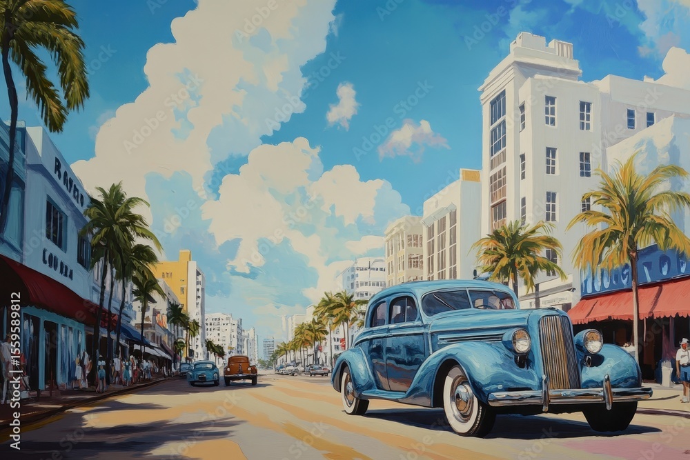 Obraz premium Classic cars cruising down S Miami Avenue on a sunny afternoon with palm trees in view, S Miami Avenue in the afternoon