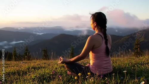 Wallpaper Mural Serene woman meditating on a grassy hilltop at sunrise, surrounded by mountains and misty valleys Torontodigital.ca