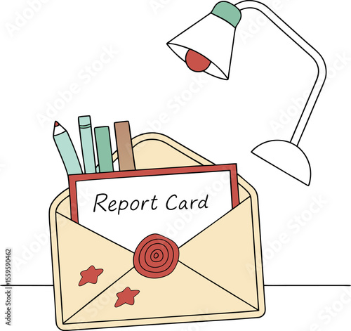 A stylized illustration of an open envelope containing a report card with writing utensils and a desk lamp illuminating the scene on a white background