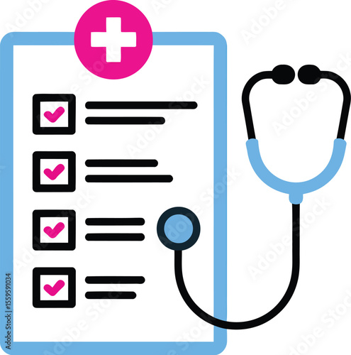 A medical checklist with a stethoscope on a white background design