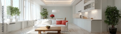 Modern White Living Room and Kitchen Interior Design