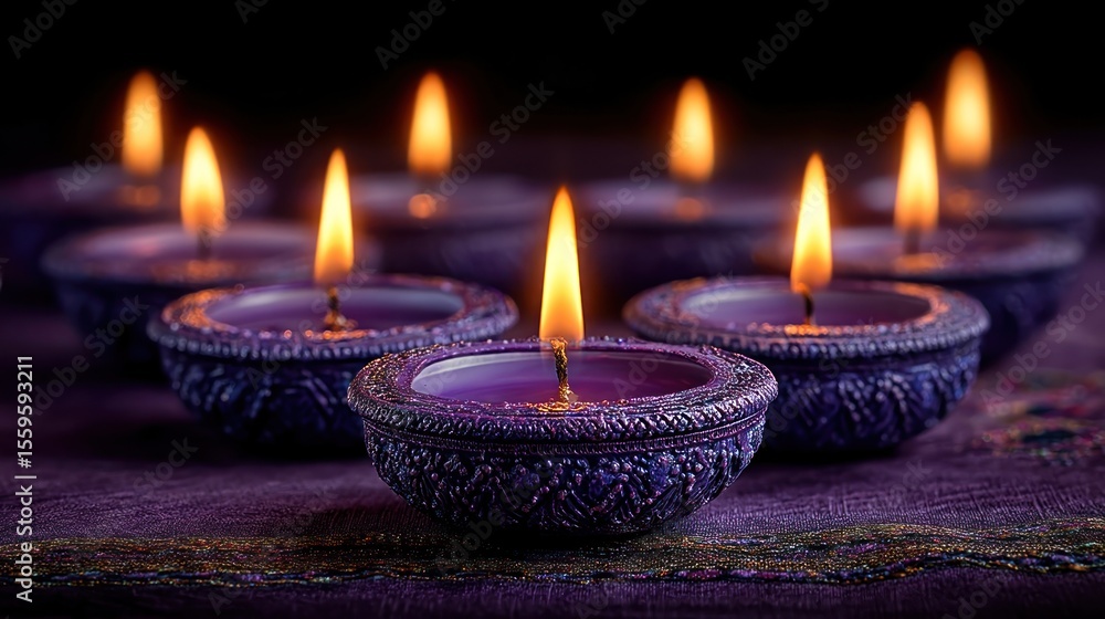 Close-up of six diya candles on purple background with copy space Close-up of six diya candles on purple background with copy space