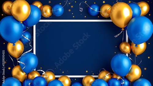 Festive blue and gold balloons with streamers and stars create a celebratory border around a deep navy blue background with a white frame