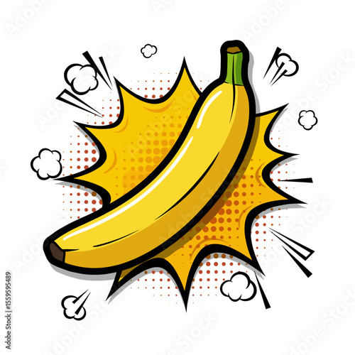 Yellow banana graphic with explosion background in pop art style  