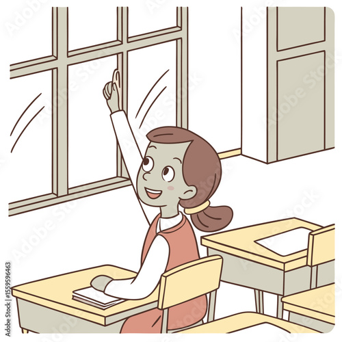 A young girl in a classroom setting enthusiastically raises her hand to answer a question looking towards the window with a bright engaged expression