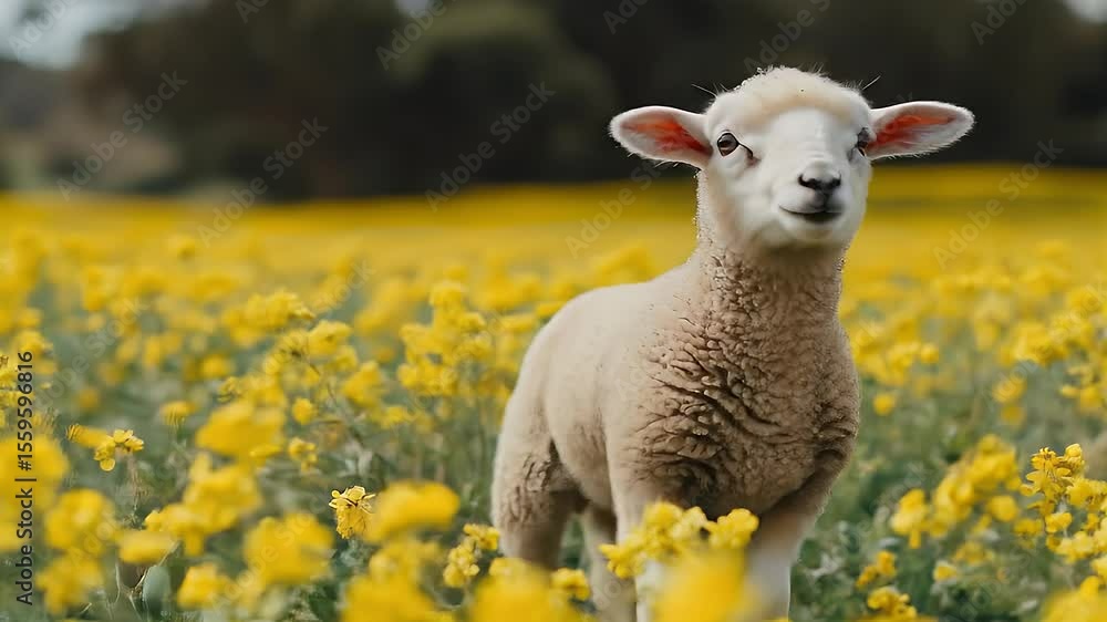 A lamb with a smiling expression in a field of bright yellow flowers A lamb with a smiling expression in a field of bright yellow flowers