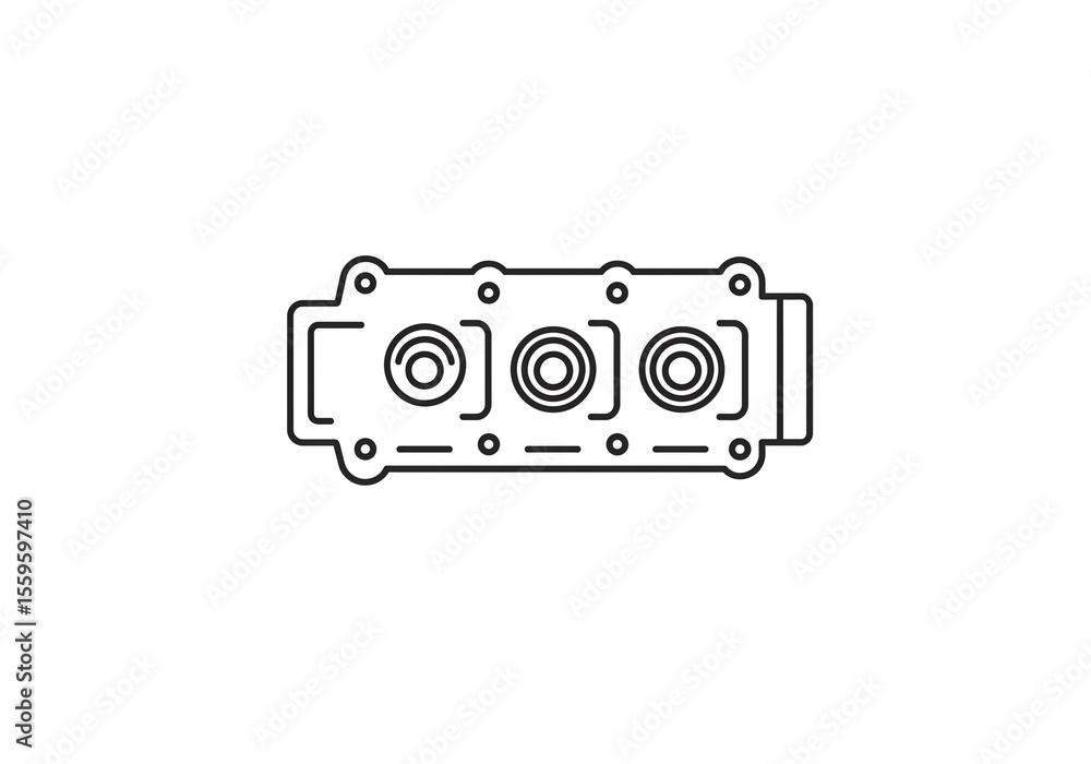 Outline illustration of a rectangular engine part with three circular openings on a white background Outline illustration of a rectangular engine part with three circular openings on a white background