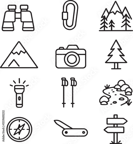 Hiking and Outdoor Adventure Line Icons Set  Camping, Trekking, and Nature Symbols.