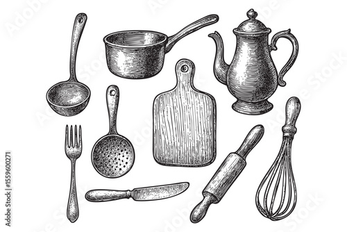 Kitchen Utensils Vector Engraving Set

