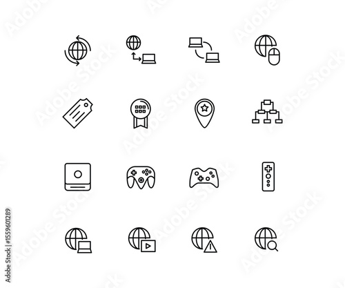 A modern collection of 20 outline-style technology and network icons including global network, data sync, mouse connection, tag, certification, location pin, network structure, gaming controllers, rem
