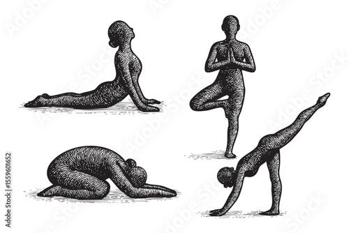 Yoga Poses Vector Engraving Set
