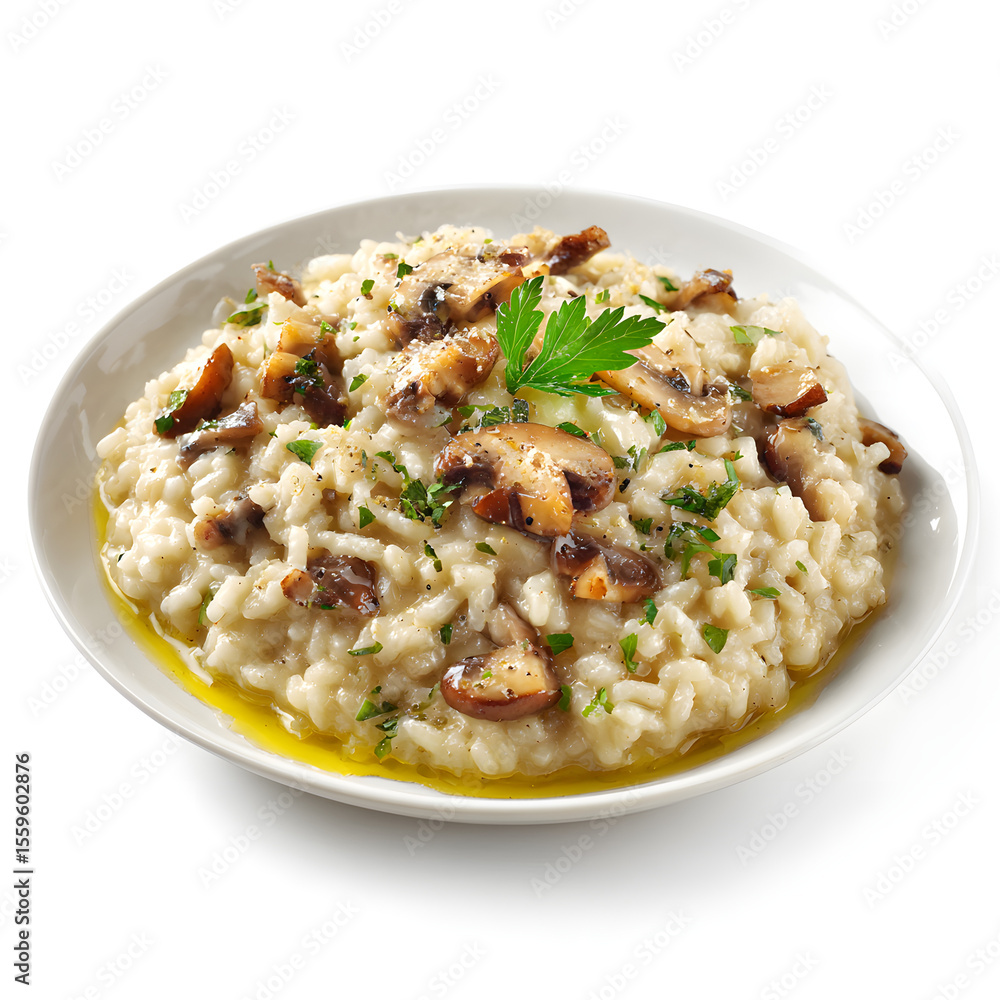 A round, shallow white plate filled with creamy mushroom risotto, isolated on white background.
A round, shallow white plate filled with creamy mushroom risotto, isolated on white background.