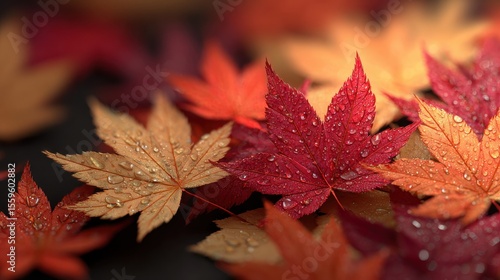 Close up of wet autumn maple leaves in vibrant red and orange colors