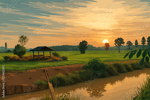 This image beautifully captures a serene rural landscape at sunset. A wooden pavilion sits quietly amid lush green rice fields, offering a peaceful resting spot. The golden sun is setting on the horiz