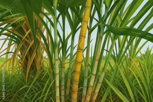 This image illustrates a close-up view of sugarcane plants growing in a lush green field. The tall, jointed stalks of sugarcane are shown in detail, with hues of yellow and green, surrounded by long, 
