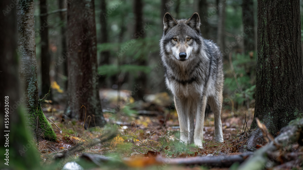 Naklejka premium A gray wolf stands alert in the middle of a dense American forest, surrounded by trees and nature, wild animal in its natural habitat, majestic and cautious pose.