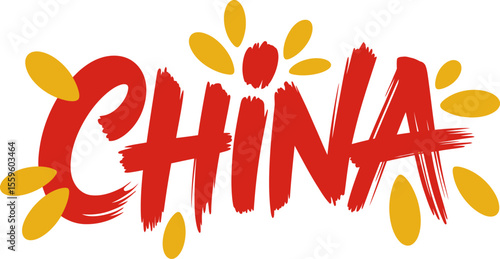 China splash style uppercase block font in red with paint drops vector for heritage badge or travel theme  