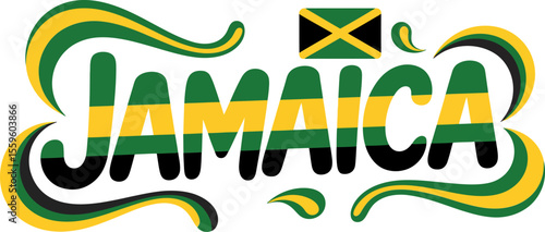Jamaica bold green yellow text with flag accent swirl vector for travel culture shirt or island souvenir  