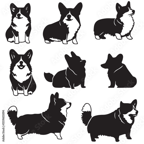 welesh corgi silhouette set, Black & White silhouette set
