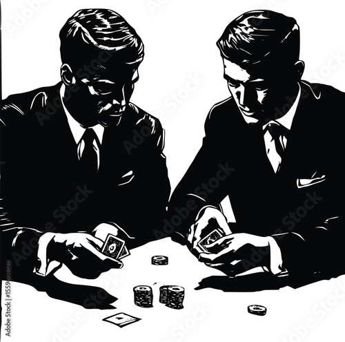 Vector illustration: Two businessmen playing poker- serious mood- woodcut style