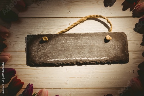 Fototapeta Naklejka Na Ścianę i Meble -  Flat design slate sign with frayed rope handle is lying on whitewashed planks with tulip border