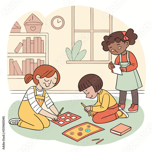 Three diverse young children engaged in a learning activity on the floor focused on educational games and drawing fostering early childhood development and classroom fun