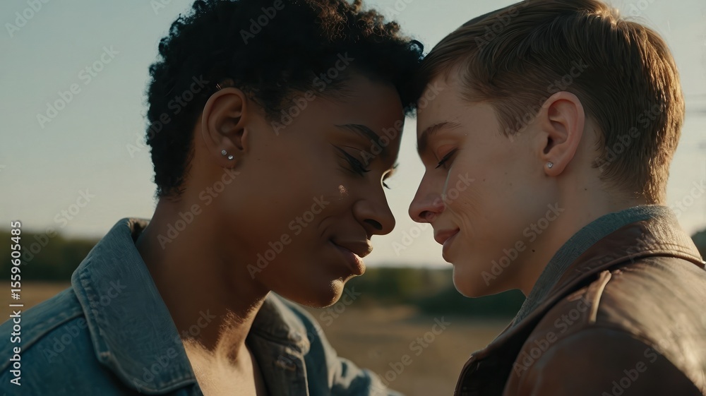 Fototapeta premium Two young women face to face with foreheads touching in a field on a sunny day looking affectionate