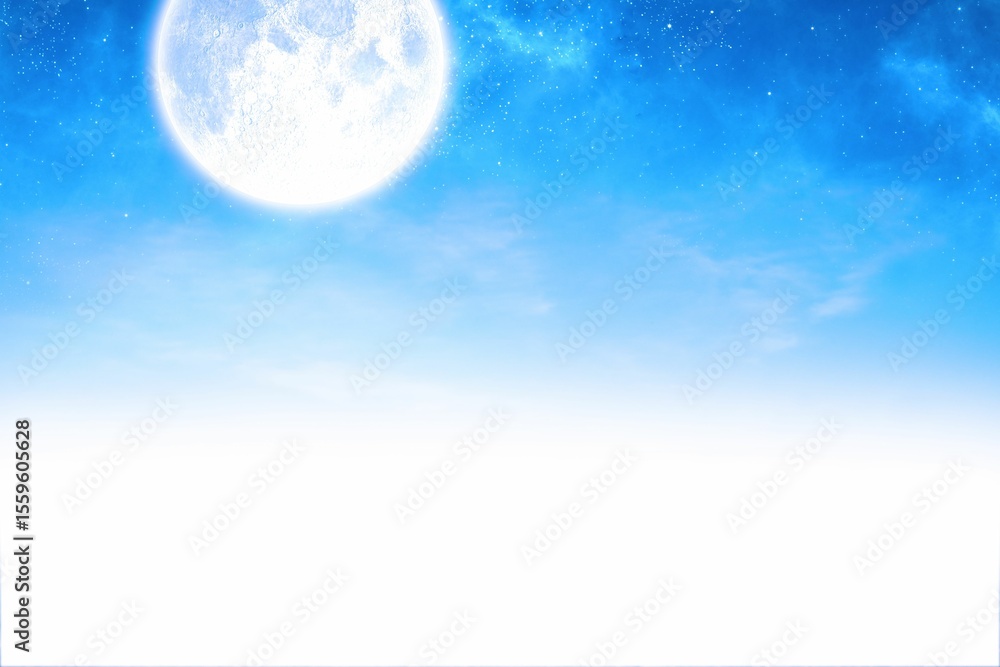 Fototapeta premium Full moon is glowing in flat design starry sky, with light fog layer at distant horizon