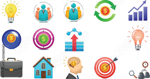 Business icons representing growth and investment on gradient background
