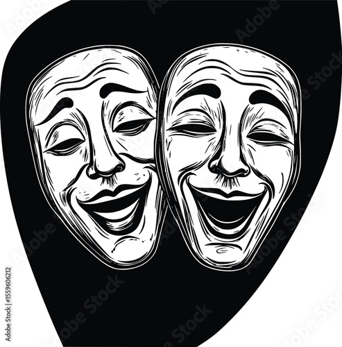 Vector illustration: Joyful comedy and tragedy masks- dramatic line art- theatrical design