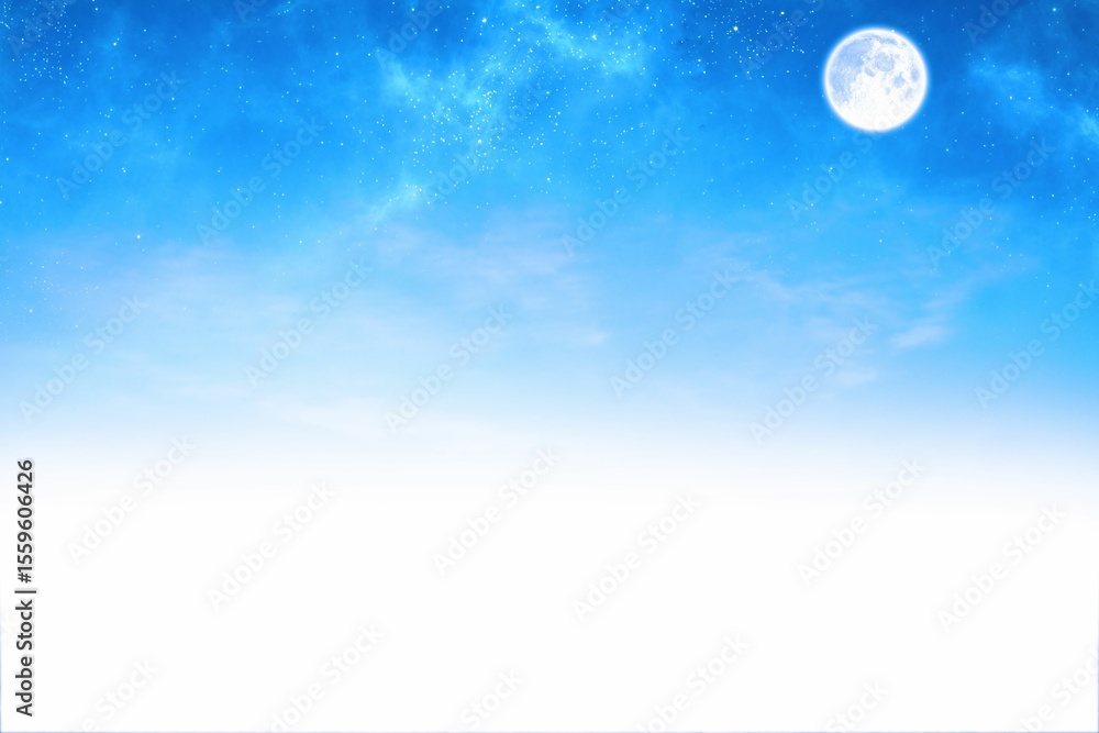 Fototapeta premium Full moon is hovering on flat night sky with stars fading into white gradient, copy space
