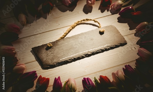 Fototapeta Naklejka Na Ścianę i Meble -  Flat design is showing rough slate sign with rope handle on whitewashed plank, tulip blossom ring