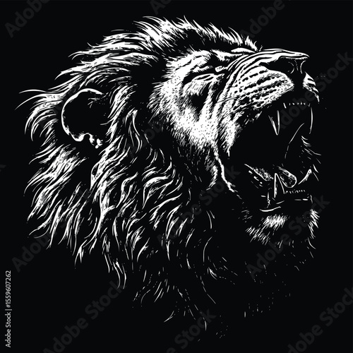 Vector illustration: Roaring lion- dramatic- monochrome- engraved style