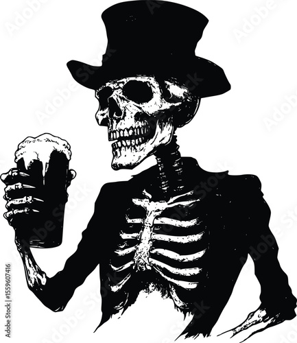 Vector illustration: Skeleton in top hat enjoying dark beer